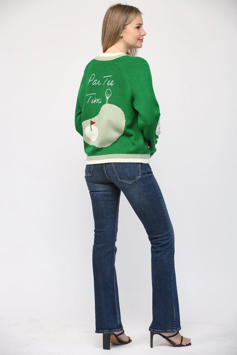 Golf Embroidered Patch Cardigan Green