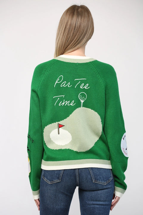 Golf Embroidered Patch Cardigan Green