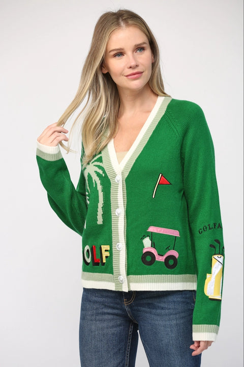 Golf Embroidered Patch Cardigan Green