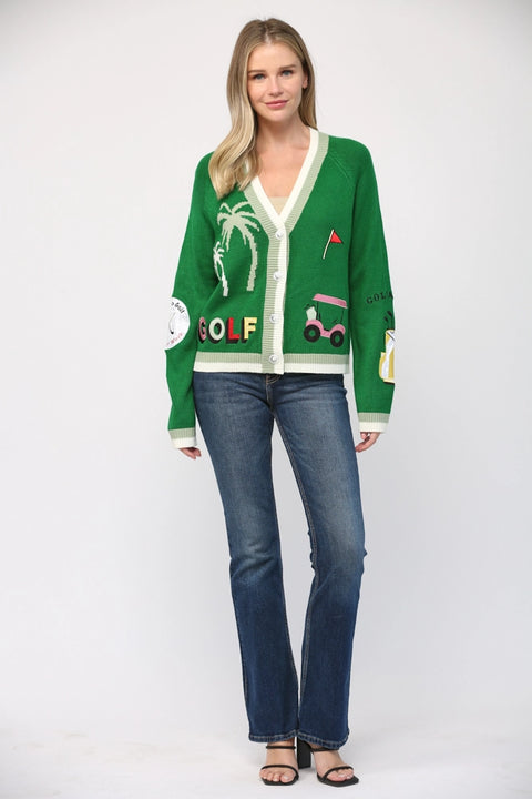 Golf Embroidered Patch Cardigan Green