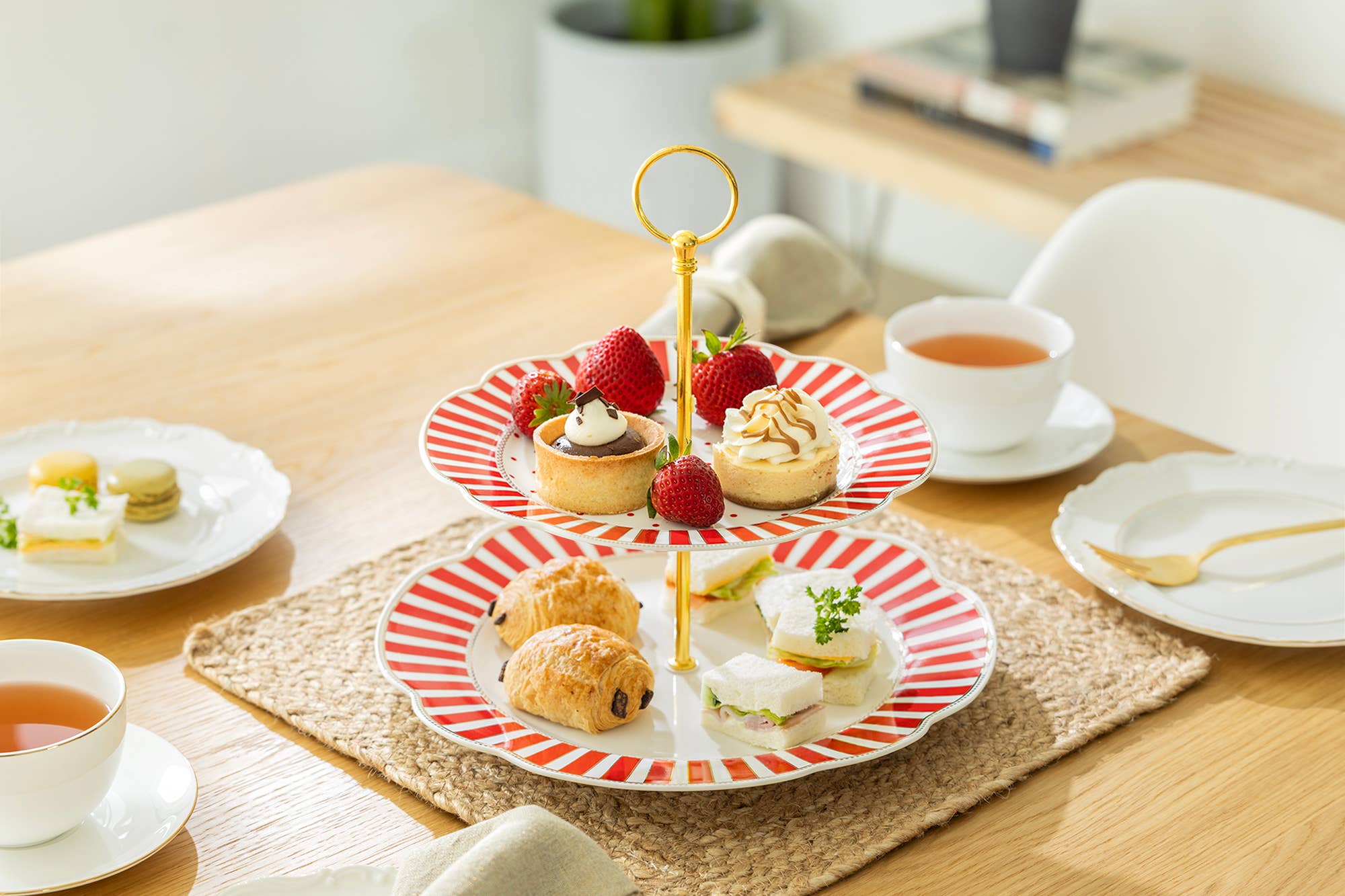 Grace Teaware - Red Josephine Stripes and Dots Fine Porcelain 2-Tier Server