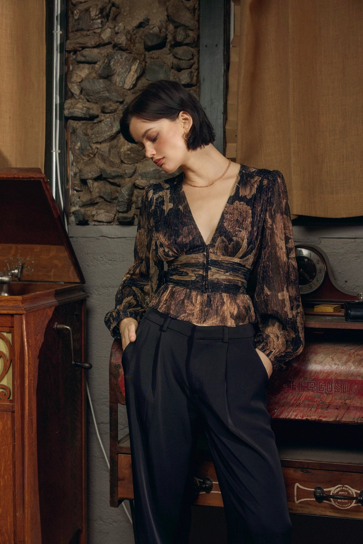 Grains of Time Plunging Raw Hem Blouse