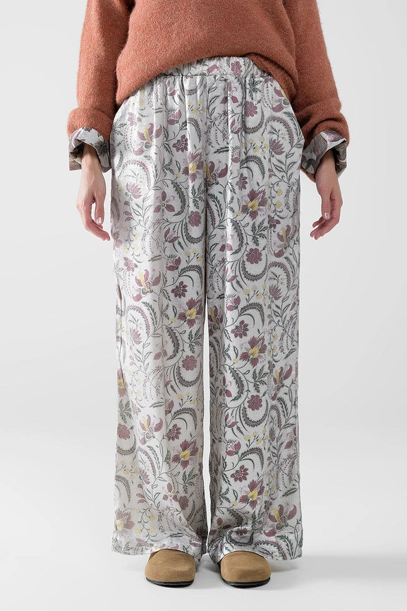 Gray Flower Printed Satin Pants-Pants-Q2-S-Beige-Urbanheer