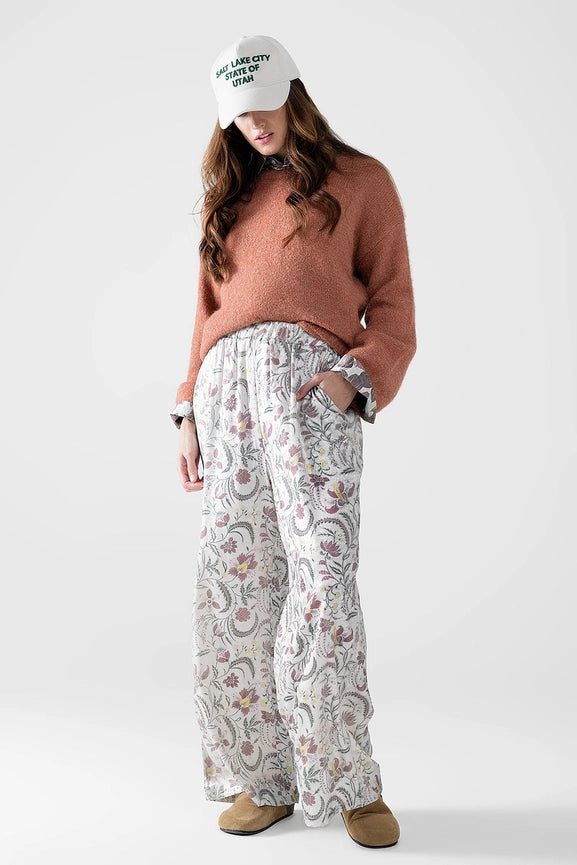 Gray Flower Printed Satin Pants-Pants-Q2-S-Beige-Urbanheer