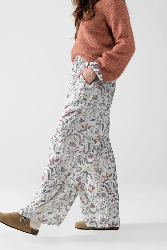 Gray Flower Printed Satin Pants-Pants-Q2-S-Beige-Urbanheer