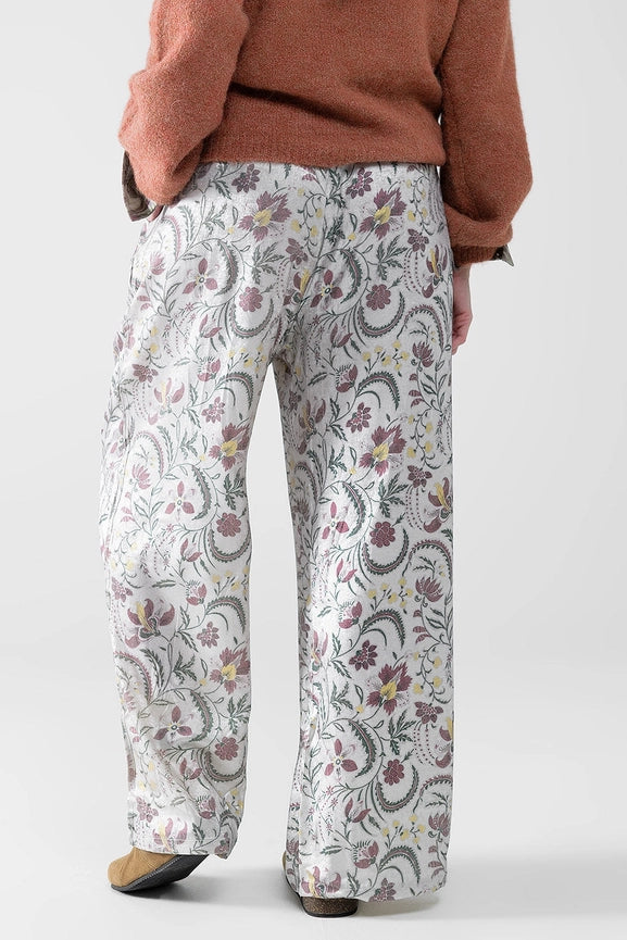 Gray Flower Printed Satin Pants-Pants-Q2-S-Beige-Urbanheer