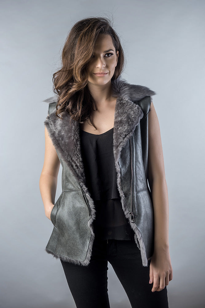 Gray Genuine Nappa Lambskin Fur Vest-Fur Vests & Gilets-Buy Me Fur Ltd-Gray-S-Genuine Merino Sheepskin Leather-Urbanheer