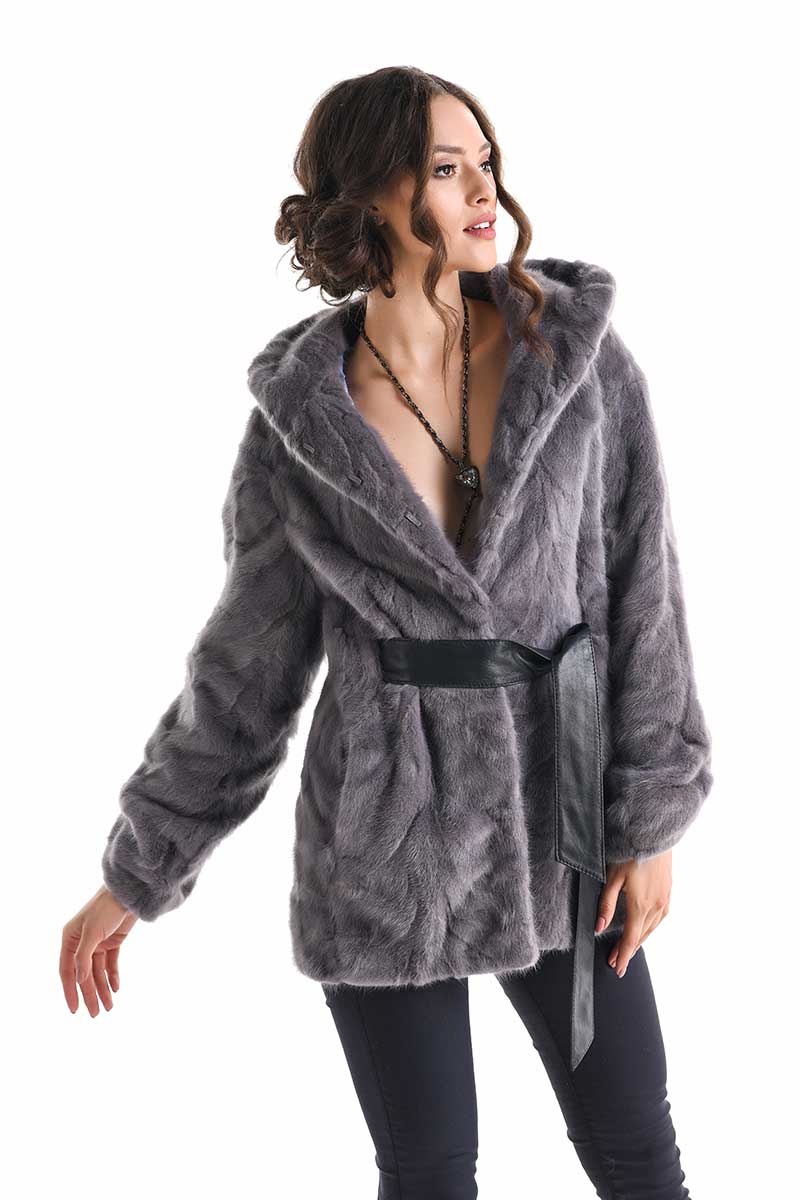 Gray Hooded Genuine Mink Fur Coat with Leather Belt-Fur Coats-Buy Me Fur Ltd-Gray-S-Genuine Mink Fur-Urbanheer