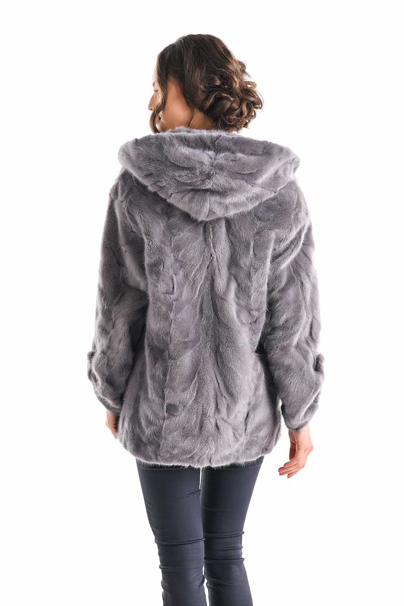 Gray Hooded Genuine Mink Fur Coat with Leather Belt-Fur Coats-Buy Me Fur Ltd-Gray-S-Genuine Mink Fur-Urbanheer