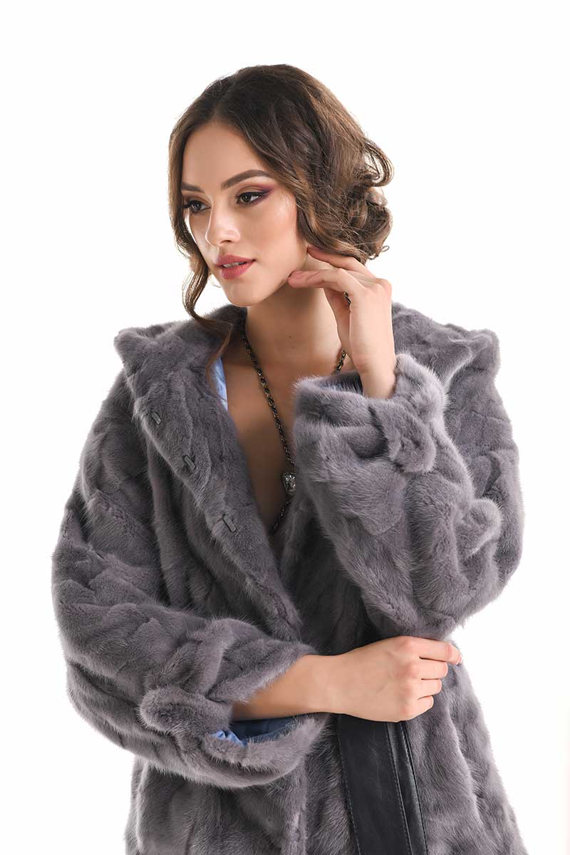 Gray Hooded Genuine Mink Fur Coat with Leather Belt-Fur Coats-Buy Me Fur Ltd-Gray-S-Genuine Mink Fur-Urbanheer