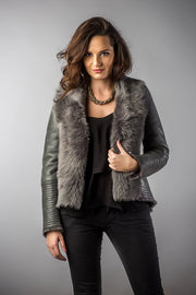 Gray Lamb Nappa Leather Jacket with Merino Fur Collar-Leather Jackets-Buy Me Fur Ltd-Gray-S-Lamb Nappa Leather-Urbanheer