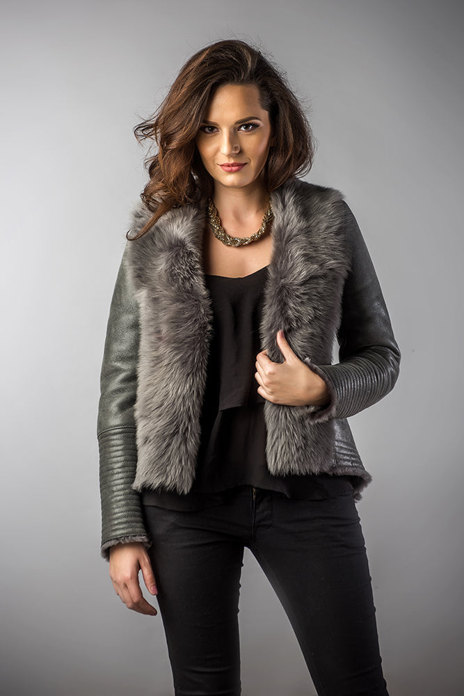 Gray Lamb Nappa Leather Jacket with Merino Fur Collar-Leather Jackets-Buy Me Fur Ltd-Gray-S-Lamb Nappa Leather-Urbanheer