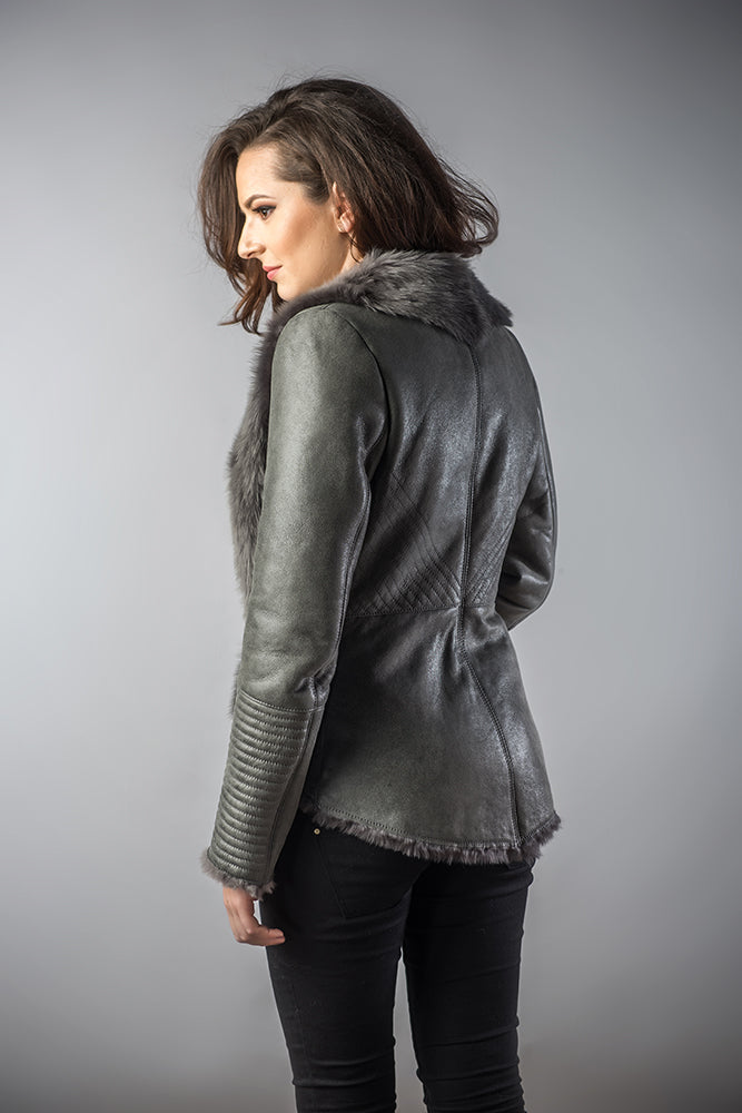 Gray Lamb Nappa Leather Jacket with Merino Fur Collar-Leather Jackets-Buy Me Fur Ltd-Gray-S-Lamb Nappa Leather-Urbanheer
