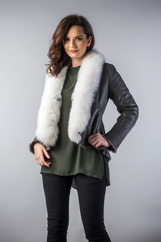 Gray Merino Shearling Jacket with Arctic Fox Fur Collar-Leather Jackets-Buy Me Fur Ltd-Gray-S-Lamb Nappa Leather-Urbanheer