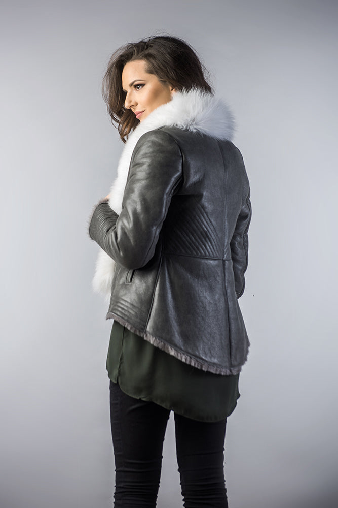 Gray Merino Shearling Jacket with Arctic Fox Fur Collar-Leather Jackets-Buy Me Fur Ltd-Gray-S-Lamb Nappa Leather-Urbanheer