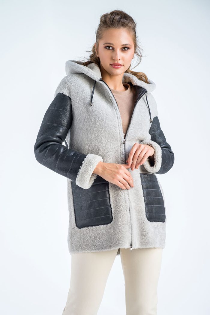 Gray Natural Shearling Sheepskin Hooded Jacket-Leather Jackets-Buy Me Fur Ltd-Gray-S-Shearling Leather-Urbanheer