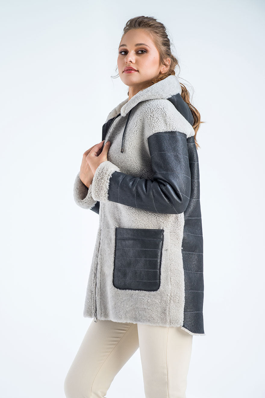 Gray Natural Shearling Sheepskin Hooded Jacket-Leather Jackets-Buy Me Fur Ltd-Gray-S-Shearling Leather-Urbanheer