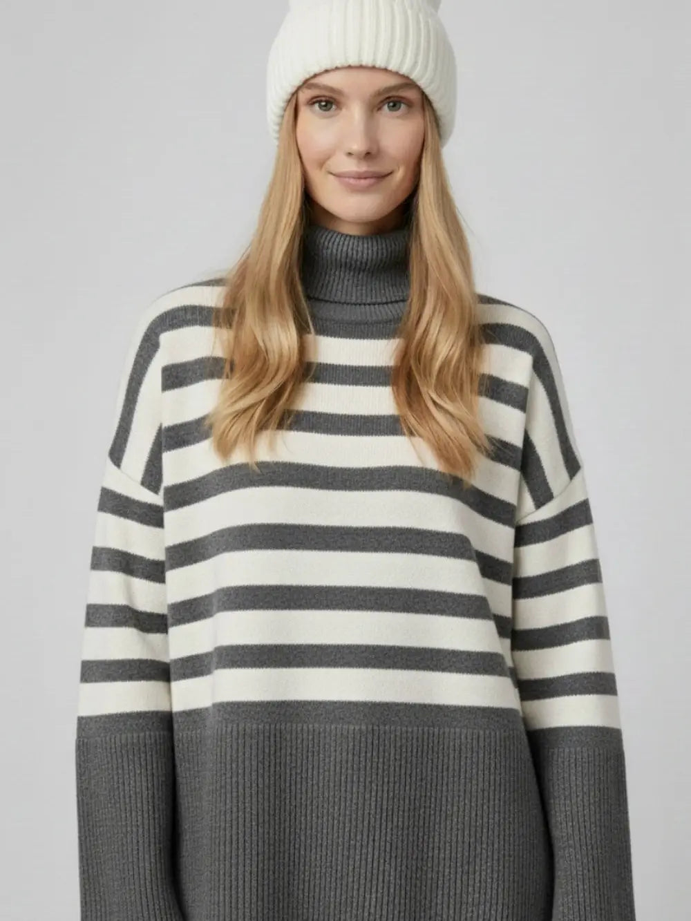 Gray Oversized Turtleneck Sweater with White Stripes and Splits On the Side
