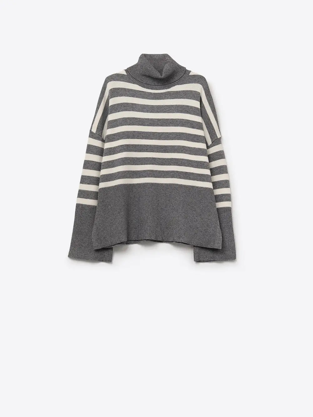 Gray Oversized Turtleneck Sweater with White Stripes and Splits On the Side