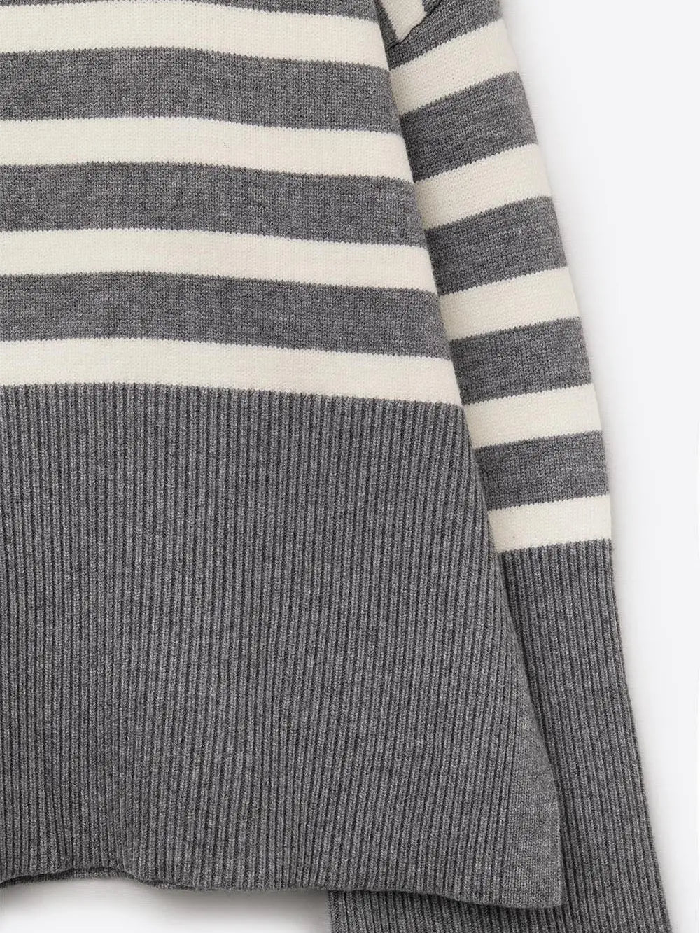 Gray Oversized Turtleneck Sweater with White Stripes and Splits On the Side