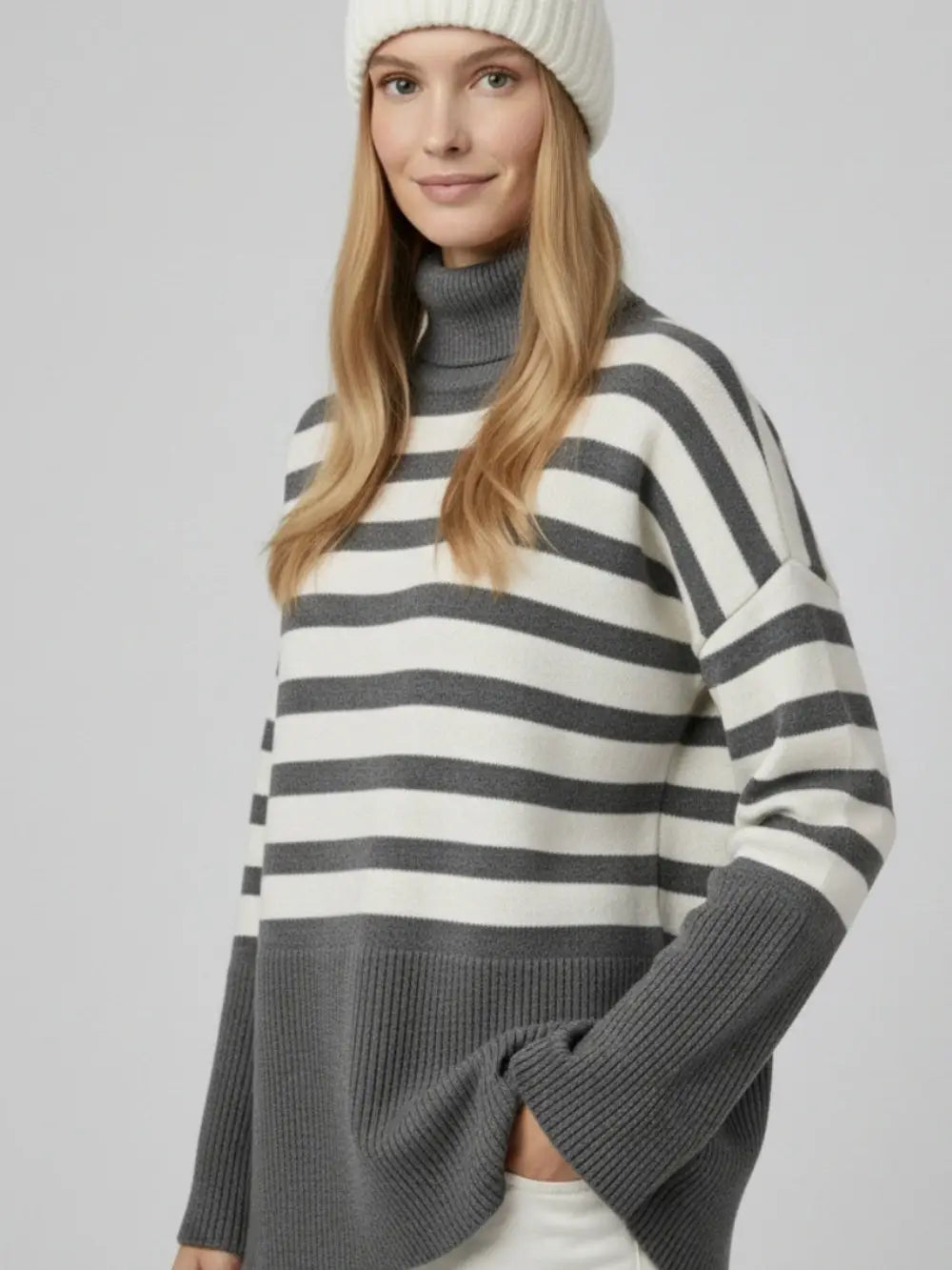 Gray Oversized Turtleneck Sweater with White Stripes and Splits On the Side