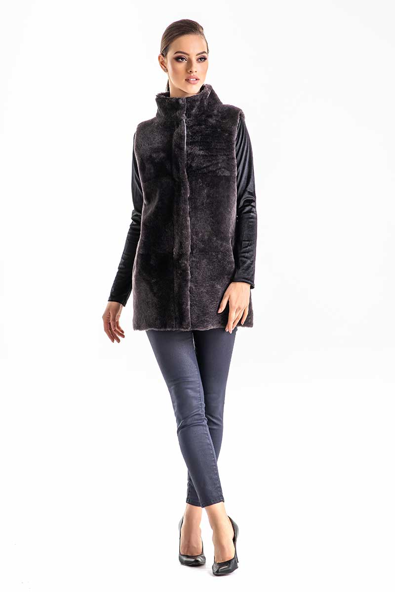 Gray Reversible Geniune Nappa Lamb Leather Mouton Fur Vest-Fur Vests & Gilets-Buy Me Fur Ltd-Gray-S-Genuine Mouton Fur-Urbanheer