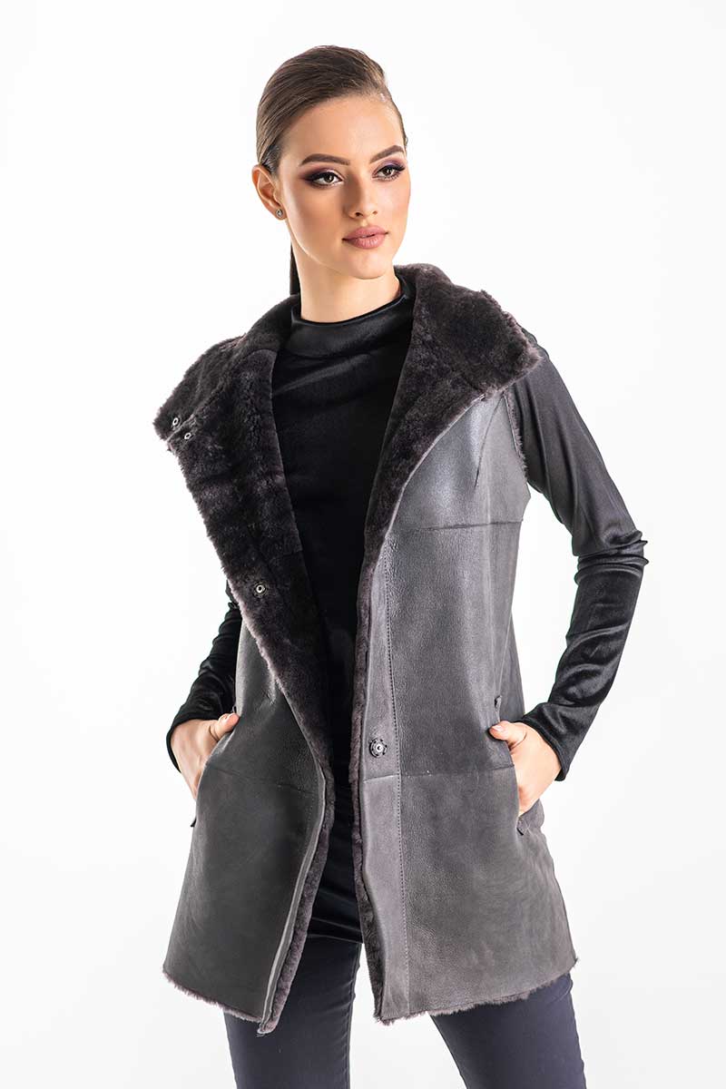Gray Reversible Geniune Nappa Lamb Leather Mouton Fur Vest-Fur Vests & Gilets-Buy Me Fur Ltd-Gray-S-Genuine Mouton Fur-Urbanheer