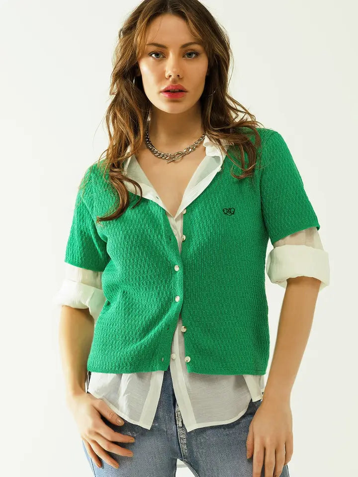 Green Cardigan with Short Sleeves and Front Closure with But-Cardigan-Q2-L-Green-Urbanheer