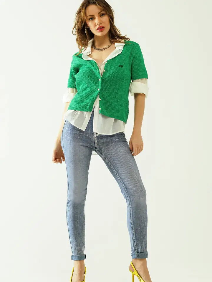 Green Cardigan with Short Sleeves and Front Closure with But-Cardigan-Q2-L-Green-Urbanheer