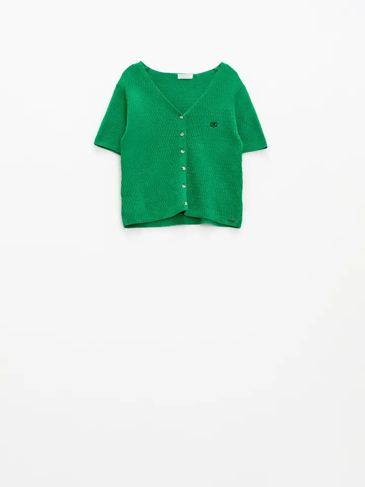 Green Cardigan with Short Sleeves and Front Closure with But-Cardigan-Q2-L-Green-Urbanheer