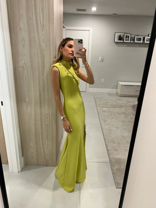 Green Crepe Stretch Safety Pin Dress-Dress-Ashley Stambouli-XS-Urbanheer