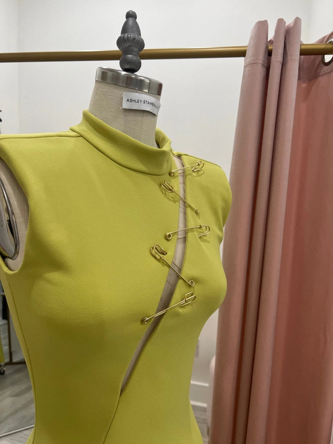 Green Crepe Stretch Safety Pin Dress-Dress-Ashley Stambouli-XS-Urbanheer