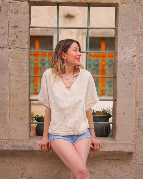 Green Double Gauze Cotton Top Beige-Top-Moa-Beige-Urbanheer
