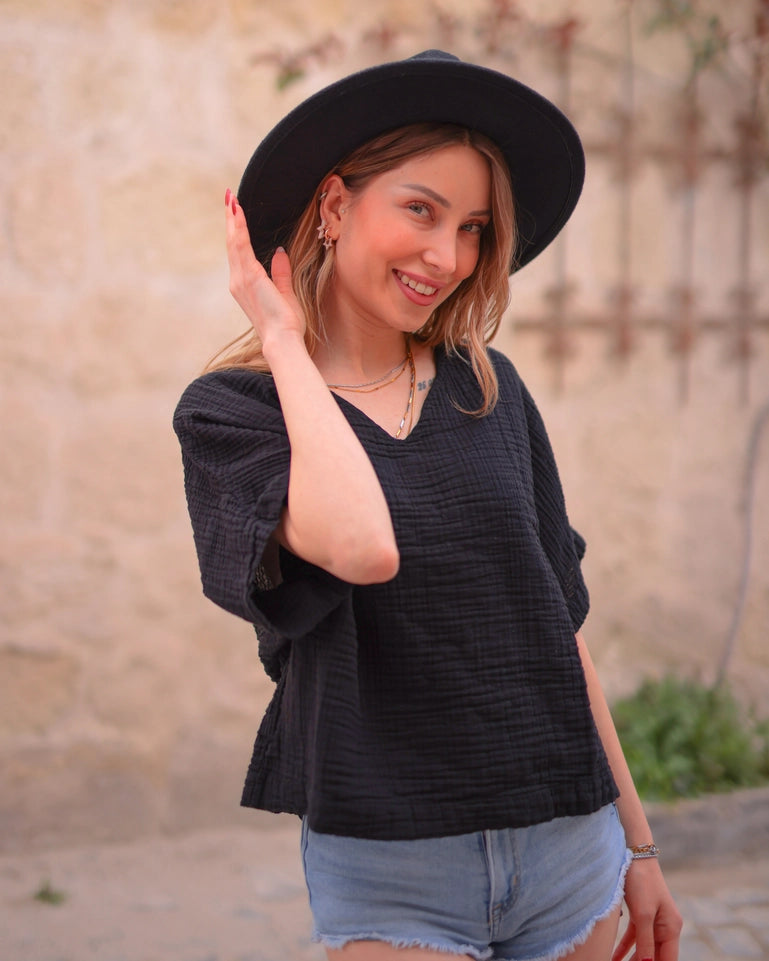 Green Double Gauze Cotton Top Black-Top-Moa-Black-Urbanheer