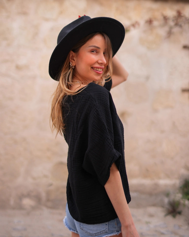 Green Double Gauze Cotton Top Black-Top-Moa-Black-Urbanheer