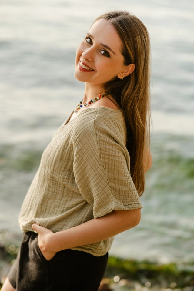 Green Double Gauze Cotton Top Green-Top-Moa-Green-Urbanheer