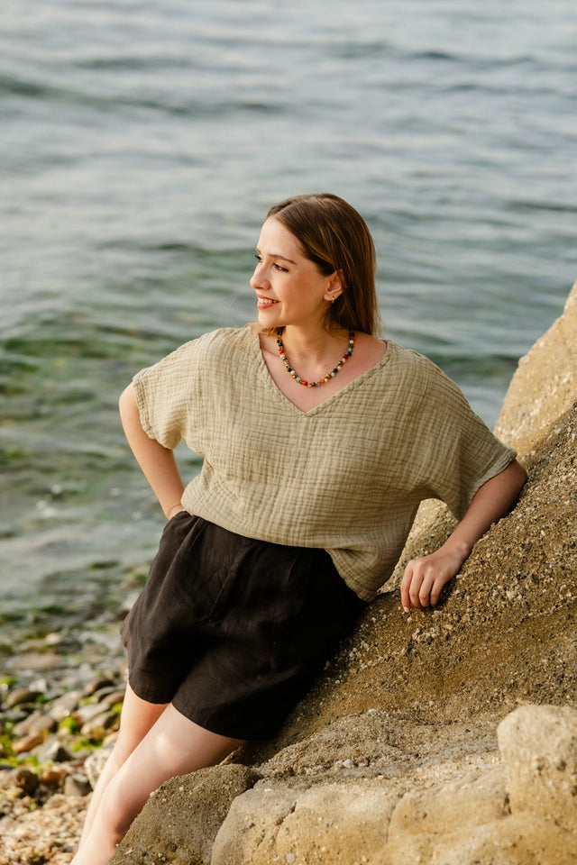 Green Double Gauze Cotton Top Green-Top-Moa-Green-Urbanheer