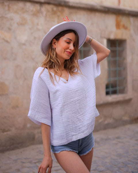 Green Double Gauze Cotton Top White-Top-Moa-White-Urbanheer