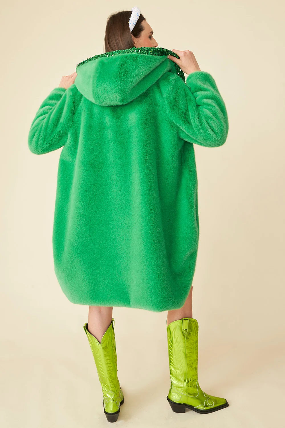 Green Faux Fur Sequins Trim Hooded Maxi Coat-Faux Fur Coats-Buy Me Fur Ltd-One Size-Green-Faux Fur-Urbanheer