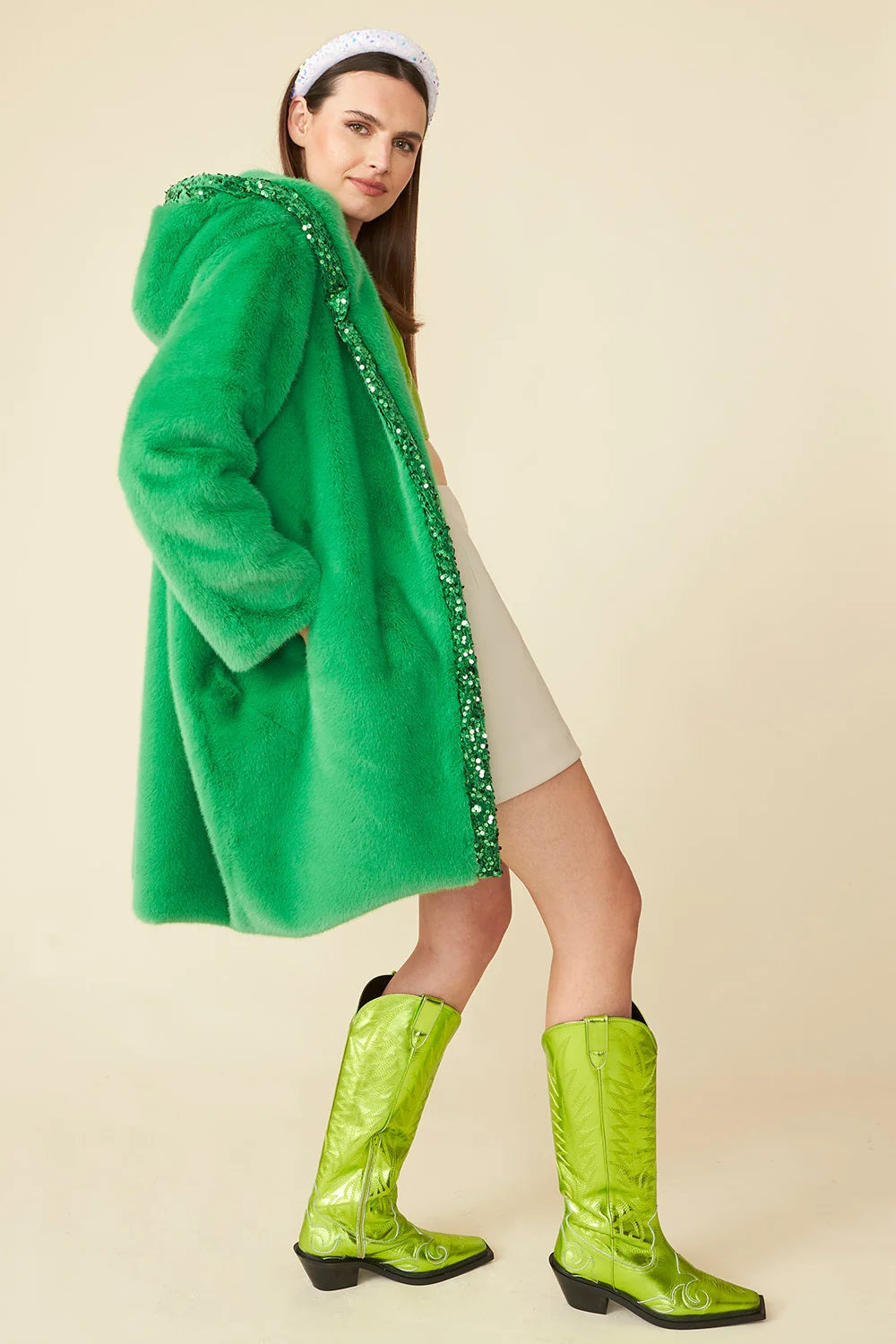 Green Faux Fur Sequins Trim Hooded Maxi Coat-Faux Fur Coats-Buy Me Fur Ltd-One Size-Green-Faux Fur-Urbanheer