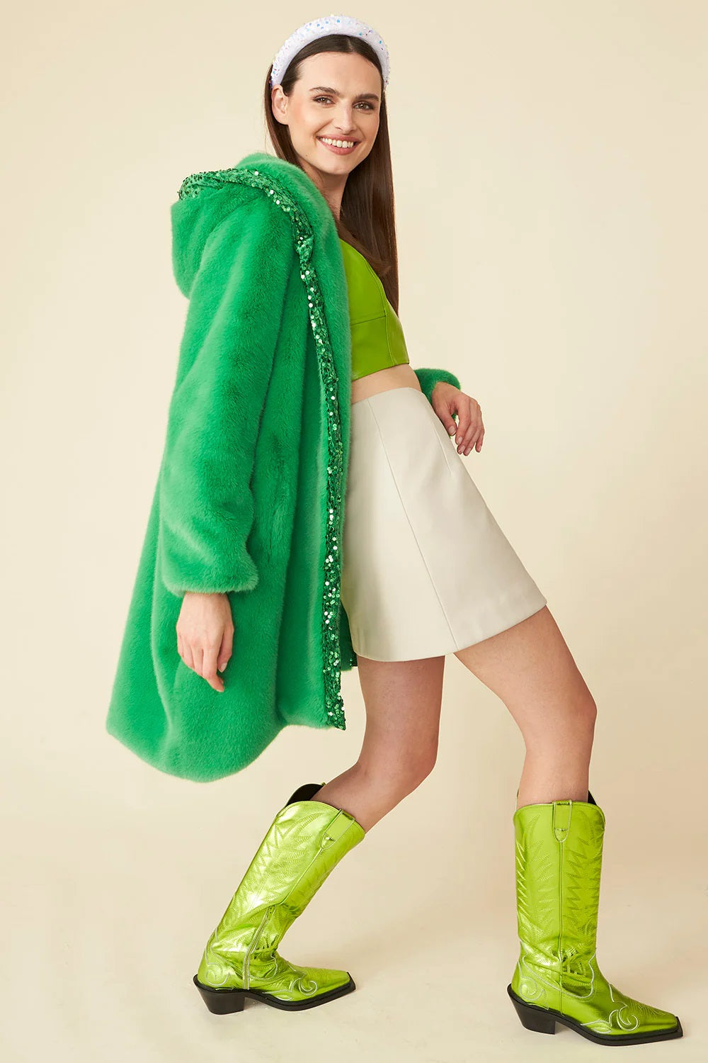 Green Faux Fur Sequins Trim Hooded Maxi Coat-Faux Fur Coats-Buy Me Fur Ltd-One Size-Green-Faux Fur-Urbanheer