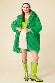 Green Faux Fur Sequins Trim Hooded Maxi Coat-Faux Fur Coats-Buy Me Fur Ltd-One Size-Green-Faux Fur-Urbanheer