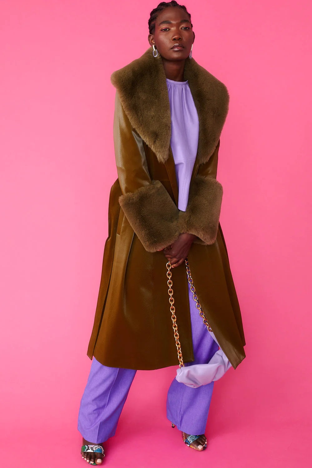 Green Faux Leather Trench Coat with Faux Fur Collar and Cuffs-Faux Leather Coats-Buy Me Fur Ltd-S-M-Green-Faux Leather-Urbanheer