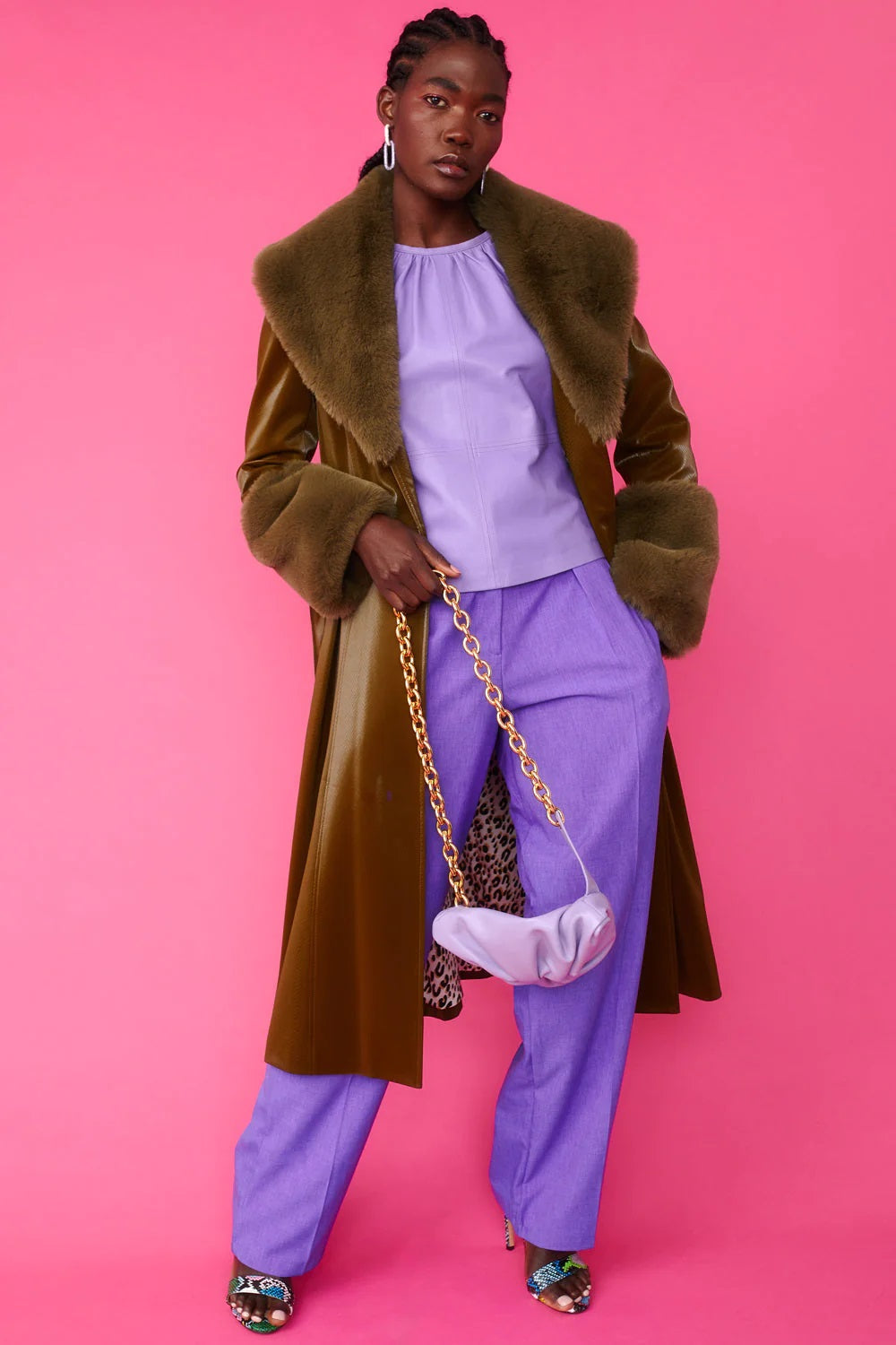 Green Faux Leather Trench Coat with Faux Fur Collar and Cuffs-Faux Leather Coats-Buy Me Fur Ltd-S-M-Green-Faux Leather-Urbanheer