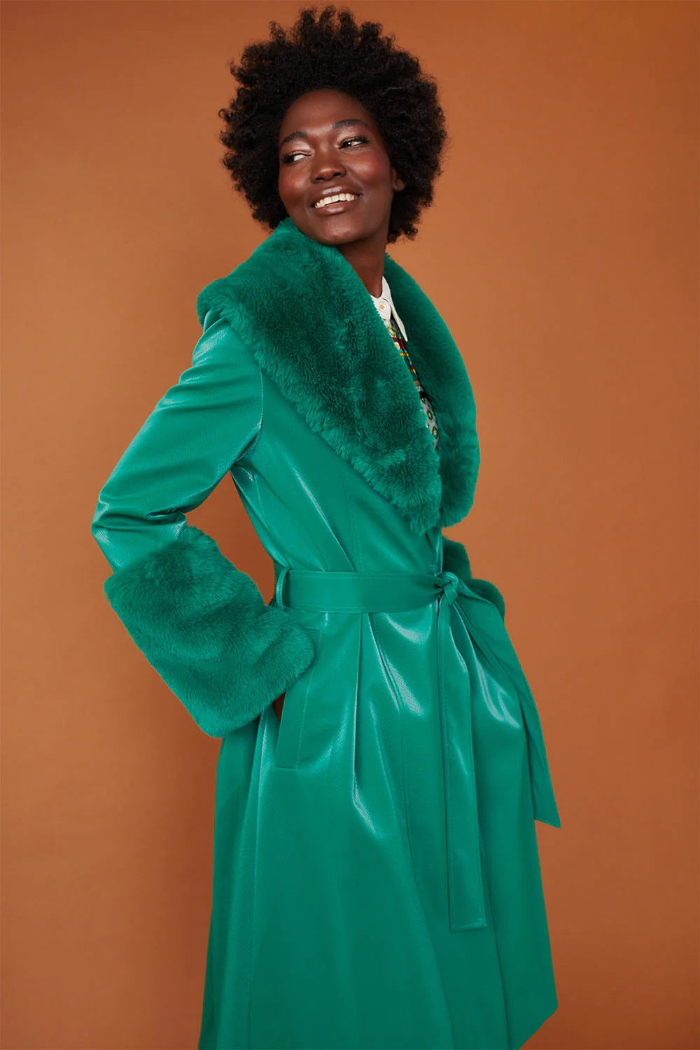 Green Faux Suede Trench Coat with Faux Fur Collar and Cuffs-Faux Leather Coats-Buy Me Fur Ltd-S-M-Green-Faux Suede-Urbanheer