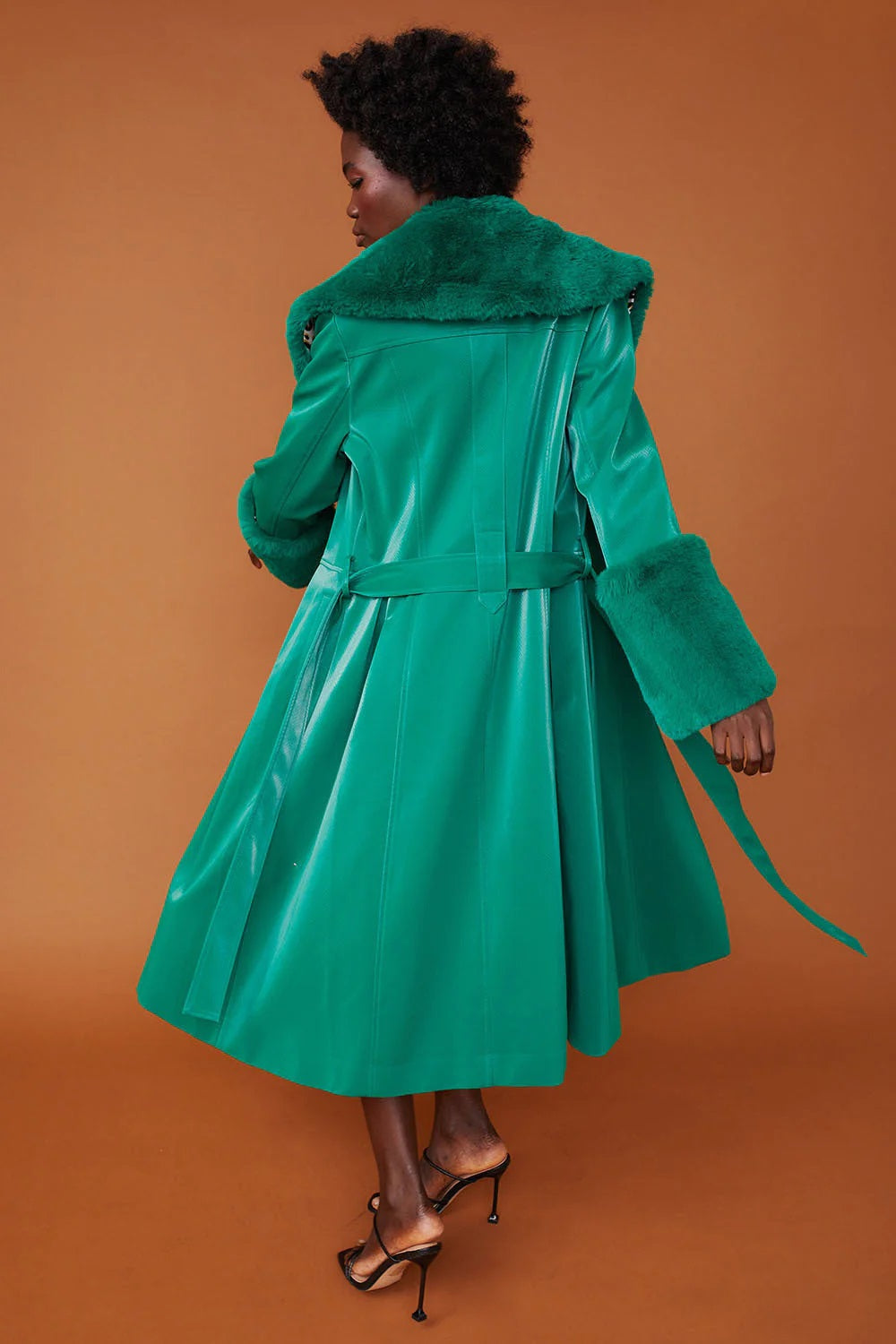 Green Faux Suede Trench Coat with Faux Fur Collar and Cuffs-Faux Leather Coats-Buy Me Fur Ltd-S-M-Green-Faux Suede-Urbanheer