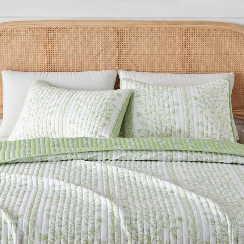 Green Floral Quilt Set - Flora Collection-Set-BH Collective-Twin-Linear Floral Green-Urbanheer