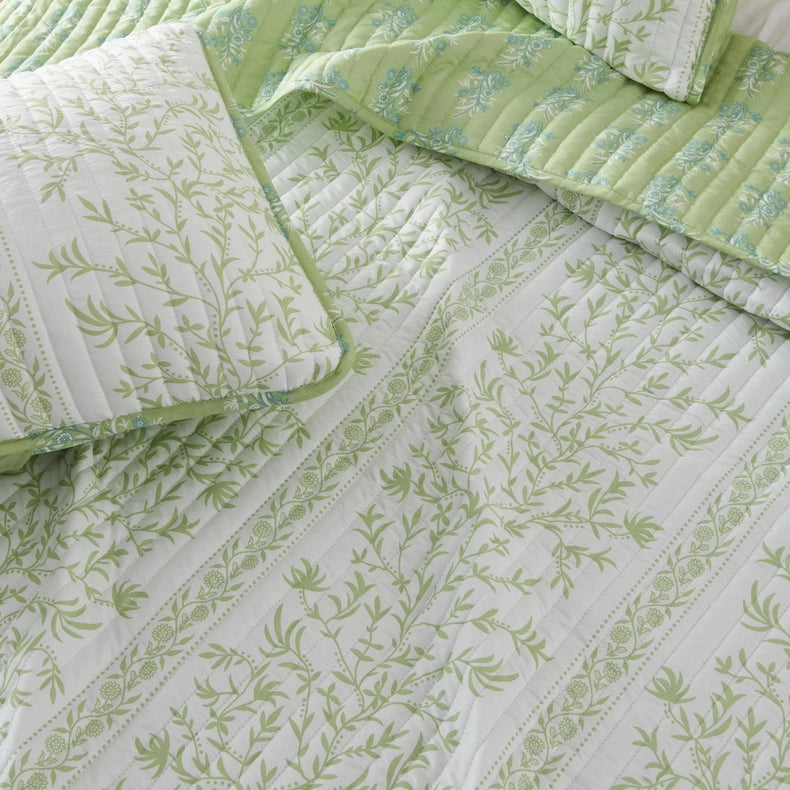 Green Floral Quilt Set - Flora Collection-Set-BH Collective-Twin-Linear Floral Green-Urbanheer