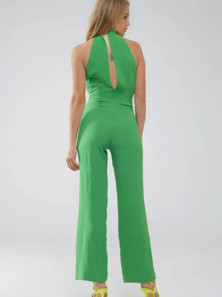 Green Jumpsuit with Crossed Halter Neckline-Jumpsuit-Q2-S-Green-Urbanheer