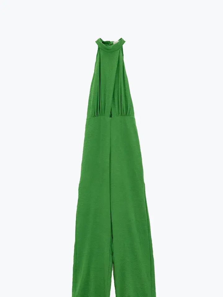 Green Jumpsuit with Crossed Halter Neckline-Jumpsuit-Q2-S-Green-Urbanheer